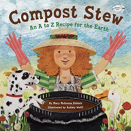 Book cover: girl with dog and duck, composting illustration.