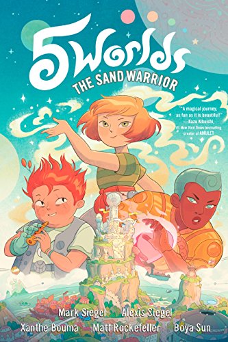 Book cover for 5 Worlds: The Sand Warrior featuring three young characters against planets.