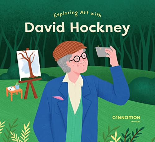 Illustrated book cover featuring David Hockney painting in a forest with a tablet.