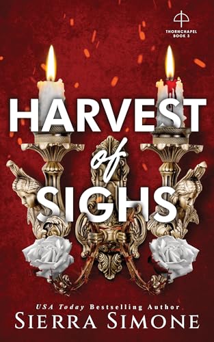 Book cover with ornate gold candelabras, burning candles, roses, and red background.