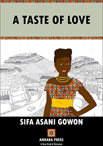 Book cover: woman in patterned dress before a sketched cityscape.