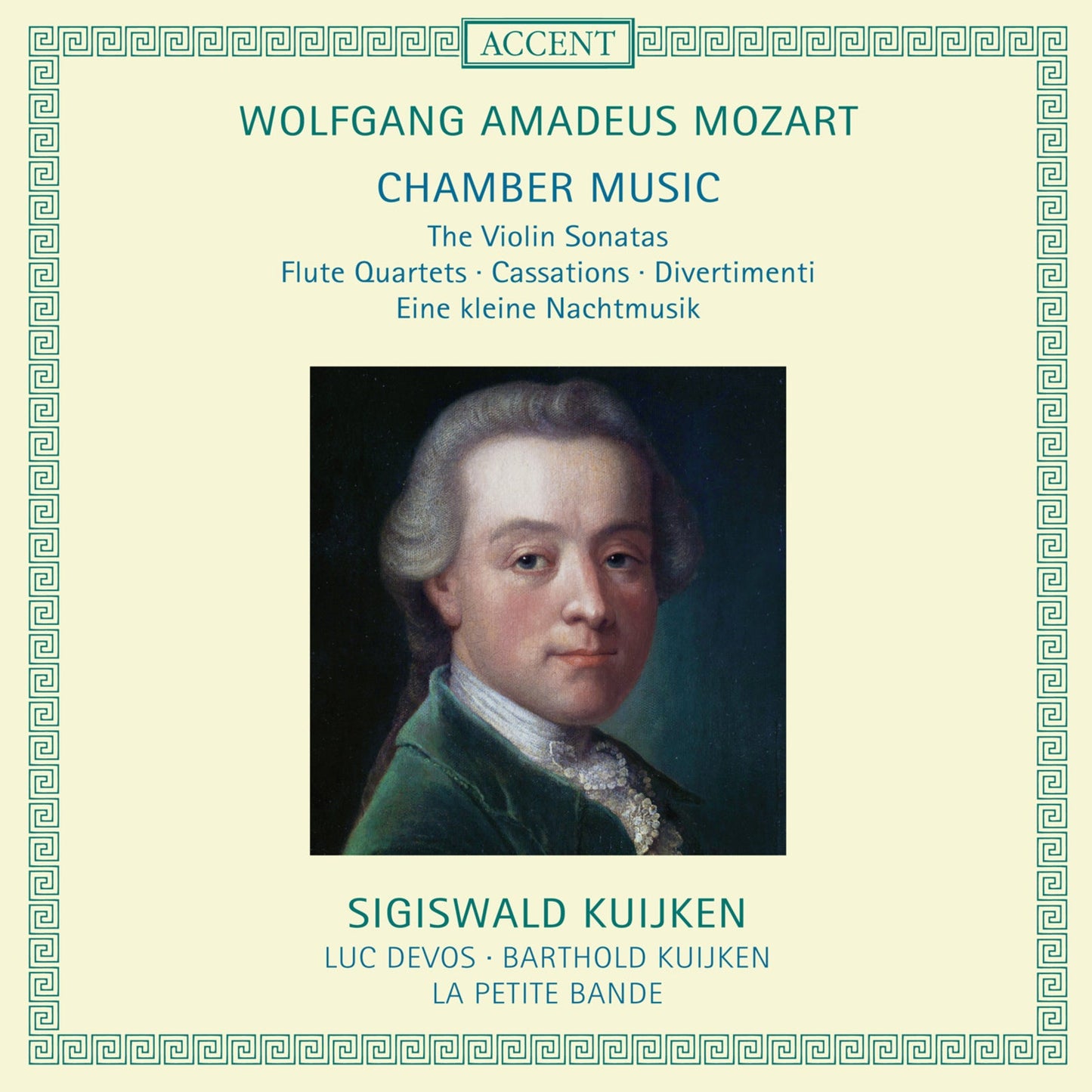 CD cover featuring a portrait of Mozart and text listing chamber music works.