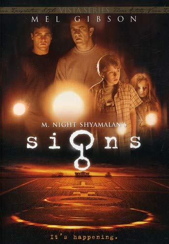 DVD cover for SignsC Signs featuringL featuring four people and a crop circle field.