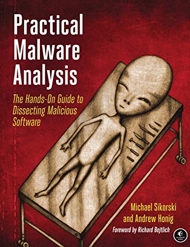 Book cover: "Practical Malware Analysis" with alien on a table.