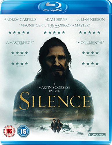 Blu-ray cover for Silence featuring a portrait of Liam Neeson above a stormy sea.