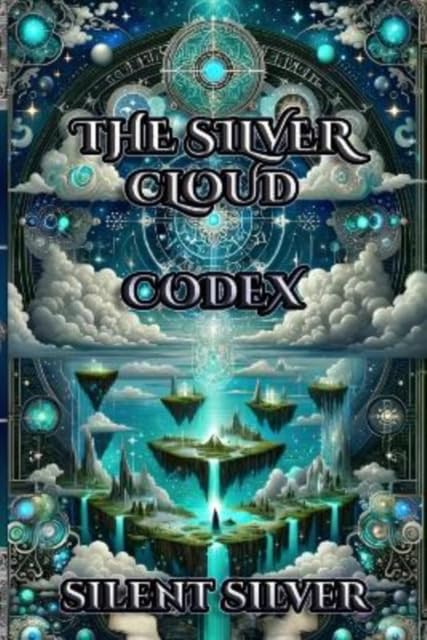 Book cover with silver title, clouds, and a fantastical landscape below.