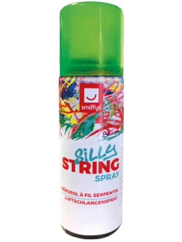 Green and white Silly String spray can with colorful string design.