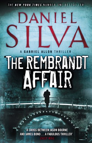 Book cover: “The Rembrandt Affair” with a silhouetted figure on a bridge.