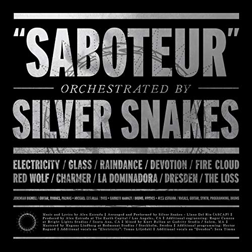 CD cover for Silver Snakes’ “Saboteur” album, silver text on black.