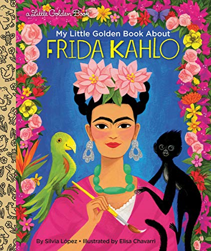 Illustrated book cover featuring Frida Kahlo with a parrot, a monkey, and floral borders.