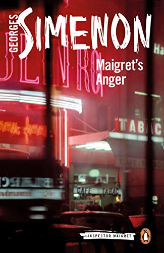 Book cover for Maigret's Anger by Georges Simenon featuring a red-lit Parisian street scene.
