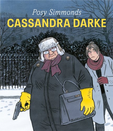 "Cartoon illustration of two women walking in the snow, one holding a gun."