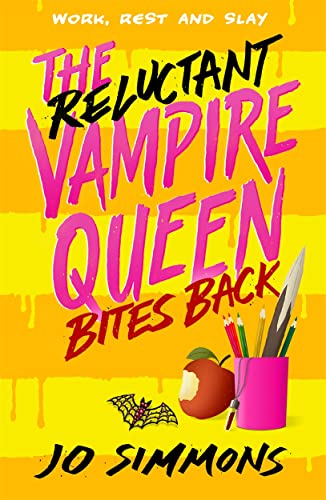 Book cover with yellow striped background, pink and black text, bitten apple, and pencils.