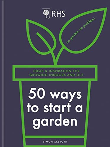 Book cover: "RHS 50 Ways to Start a Garden" with green leaf illustration.
