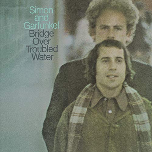 Album cover for Simon & Garfunkel’s “Bridge Over Troubled Water” featuring two men.