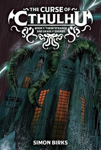 Book cover: Cthulhu looming over a dark, gothic city in a storm.