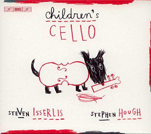 "Album cover with cartoon dog playing cello, featuring red and black illustrations on white background."