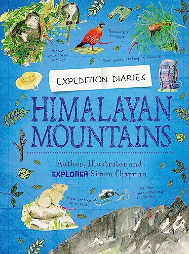 Book cover featuring illustrations of Himalayan animals, a backpack, and mountain scenery on blue.