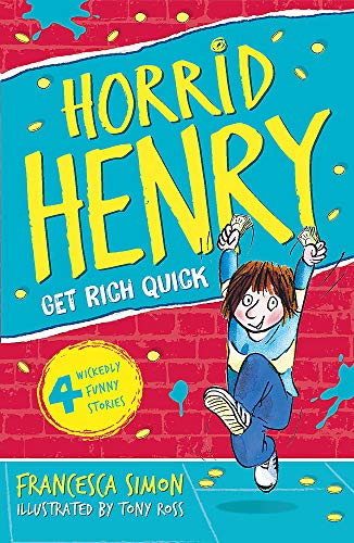 Horrid Henry book cover: boy with money, red brick background.