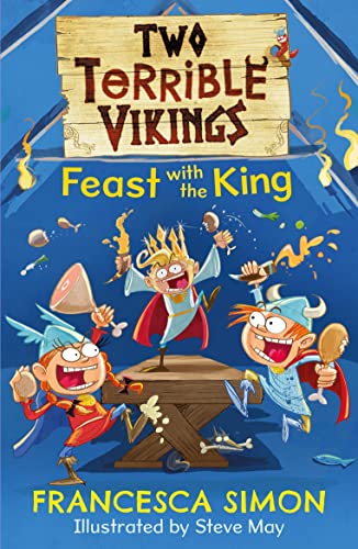 Book cover: two Vikings and a king at a messy feast.