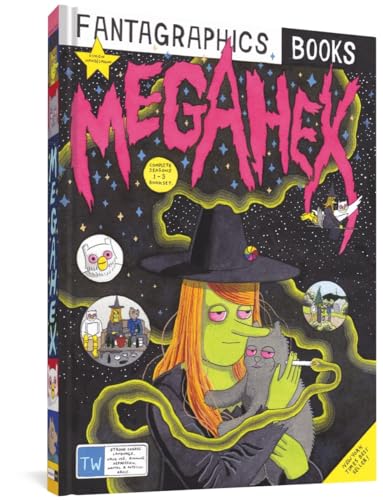 Book cover for Megahex featuring a green-skinned witch holding a cat against starry background.