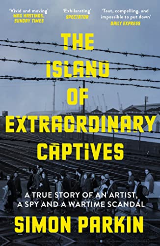 Book cover with yellow text, barbed wire, and a group of people in coats.