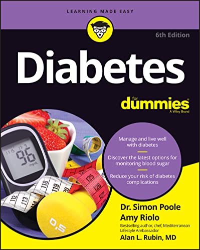 Diabetes For Dummies 6th edition book cover with blood glucose monitor, strawberries, and tape measure.