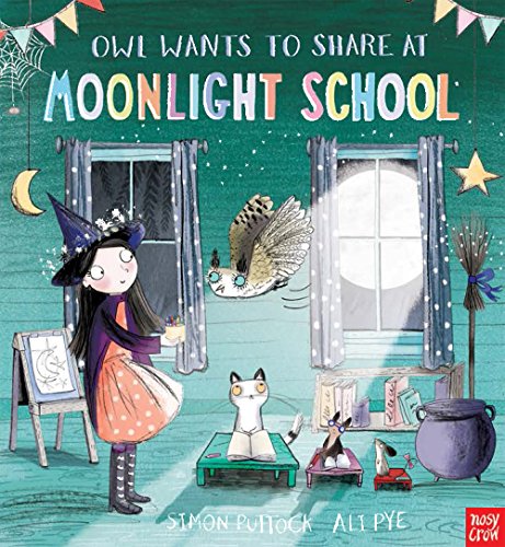 Book cover: owl, witch, cat, and dog in a classroom setting.