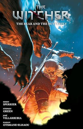 Book cover: Witcher fighting a bear under a full moon.