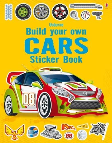 Cover of Build Your Own Cars sticker book featuring a red, green, and white racecar.