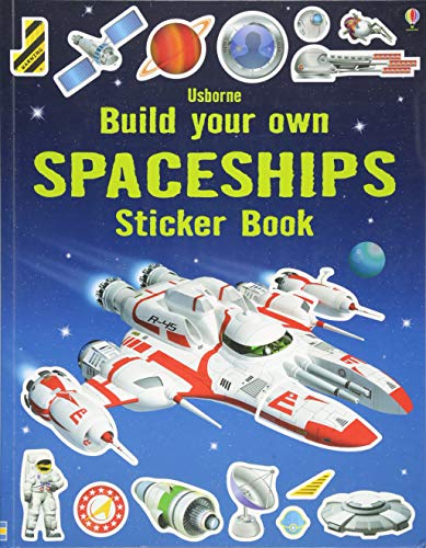 Cover of Usborne Build Your Own Spaceships sticker book featuring a white and red spaceship.