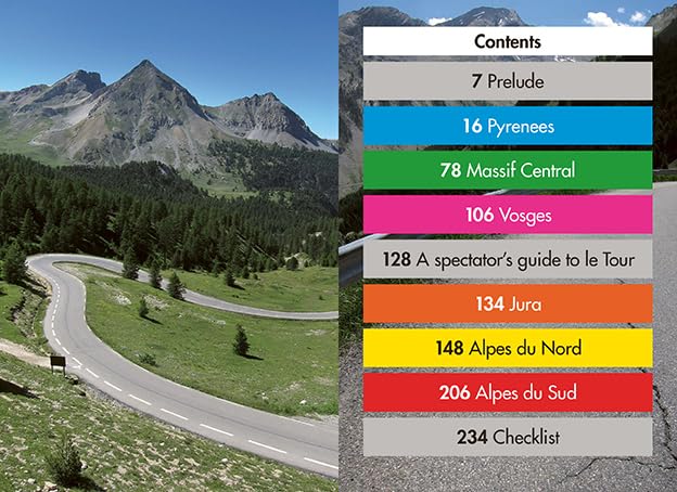 Book cover with mountain road image and table of contents sections.