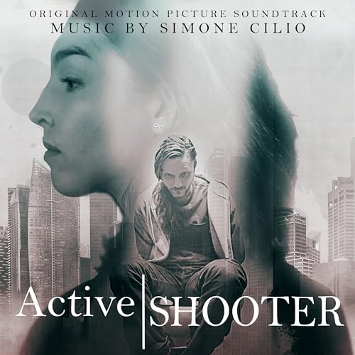 CD cover for "Active Shooter" soundtrack featuring blurred figures and city skyline.