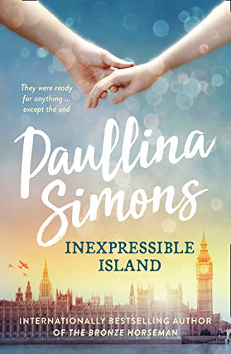 Book cover: two hands reaching, London skyline, and title “Inexpressible Island.”
