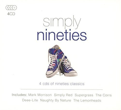 "Album cover with 'Simply Nineties' text and a pair of colorful sneakers."
