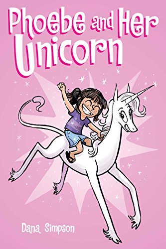 A girl with a ponytail rides a white unicorn on a pink background.