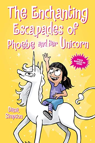 Book cover: girl riding a white unicorn, colorful cartoon style.