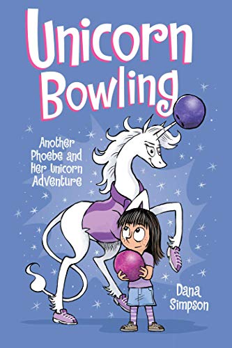Book cover: girl and unicorn with a bowling ball, sparkly background.