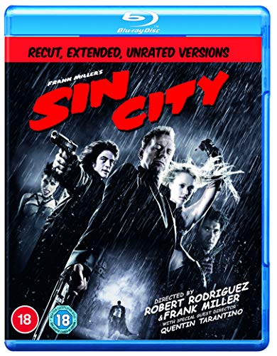 Blu-ray cover for film noir "Sin City" featuring characters in rain.