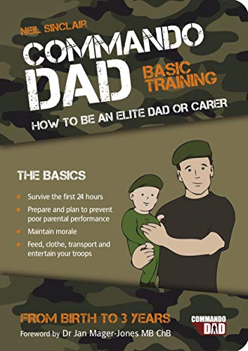 Book cover with camouflage pattern featuring an illustration of a father holding a baby.
