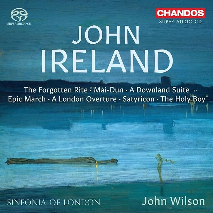 CD cover for John Ireland orchestral works, blue and green landscape.