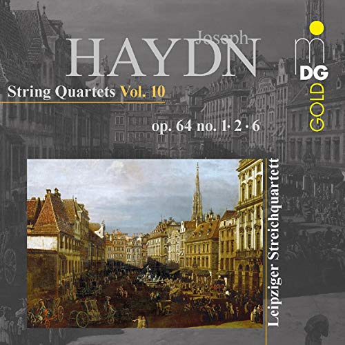 Haydn String Quartets Vol. 10 album cover with a historical city scene.