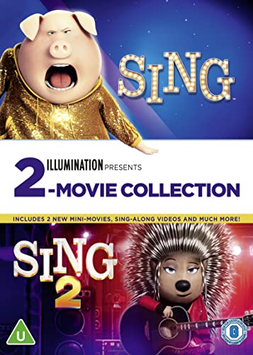DVD cover for animated films "Sing" and "Sing 2" featuring animal characters.