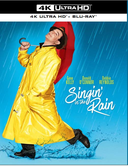 Blu-ray cover for "Singin' in the Rain" featuring Gene Kelly in yellow raincoat.