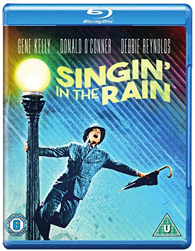 Blu-ray cover for Singin' in the Rain featuring Gene Kelly dancing by a lamppost.