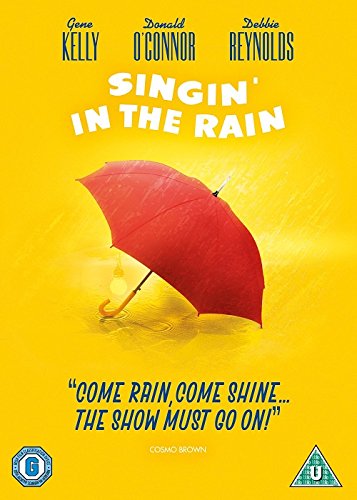 DVD cover for Singin' in the Rain featuring a red umbrella on yellow background.