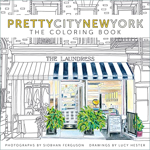 Black and white line drawing of a New York City storefront scene.