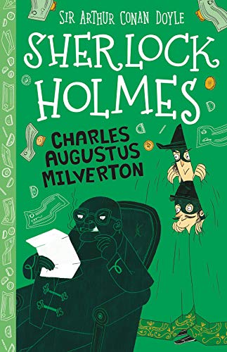 Book cover featuring Sherlock Holmes reading a letter while two masked figures peek out.