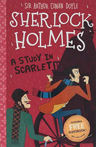 Book cover for Sherlock Holmes: A Study in Scarlet featuring illustrated characters in rain.