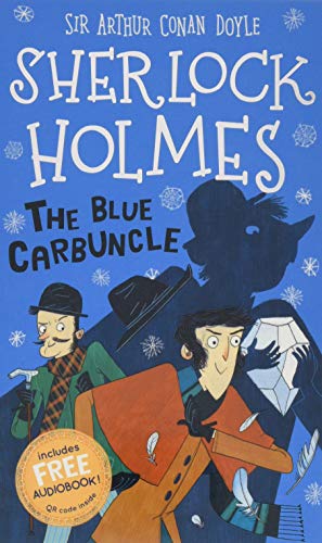 Illustration of Sherlock Holmes and Dr Watson on a blue book cover with snowflakes.